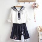 3/4-sleeve Wide-collar Contrast Trim Top / Embroidered Skirt / Set