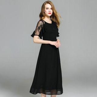 Short-sleeve Lace Panel A-line Midi Dress