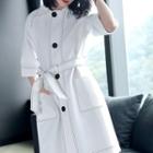 Elbow-sleeve Contrast-stitching Tie-waist Buttoned Coat