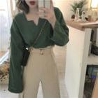 Plain Long-sleeve Loose-fit Top / Striped Wide-leg Pants