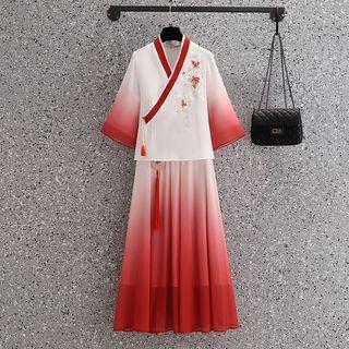 Short-sleeve Butterfly Embroidered Blouse / Midi A-line Skirt / Set