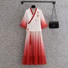 Short-sleeve Butterfly Embroidered Blouse / Midi A-line Skirt / Set