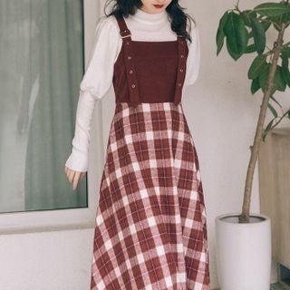 Set: Mock-neck Sweater + Plaid Panel Midi A-line Overall Dress