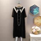 Short-sleeve Lace Peter Pan Collar Buttoned Accordion Pleat Dress Black - One Size
