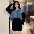 Set: Denim Panel Mock Two Piece Top + Knitted Skirt