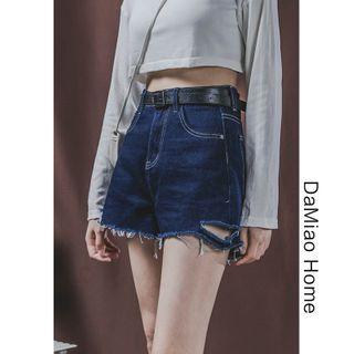 High-waist Cutout Denim Wide Shorts With Belt