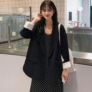 Plain Blazer / Dotted Spaghetti Strap Midi Shift Dress