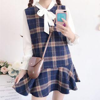 Mock Two-piece Long-sleeve Ruffle-hem Plaid Panel Mini Dress