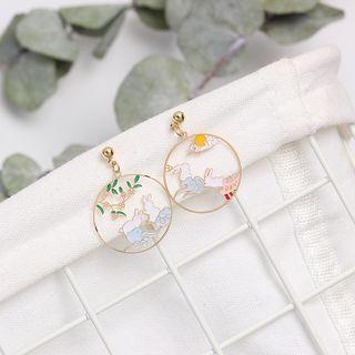 Asymmetrical Rabbit Drop Clip-on Earring 1 Pair - Clip On Earring - Rabbit & Moon & Flower - Blue & White & Gold - One Size