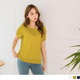 Lace Panel Short-sleeve Round Neck Top