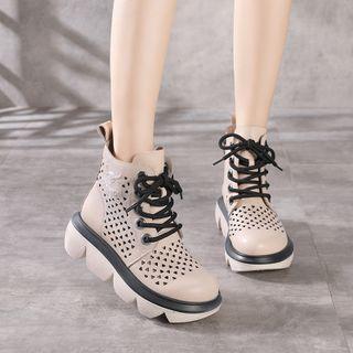 Genuine Leather Perforated Platform Short Boots
