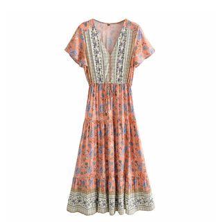 Short-sleeve Floral Print Maxi A-line Dress Orange Pink - L