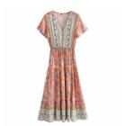 Short-sleeve Floral Print Maxi A-line Dress Orange Pink - L