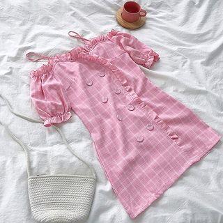 Ruffled-trim Off-shoulder Short Sleeve Dress