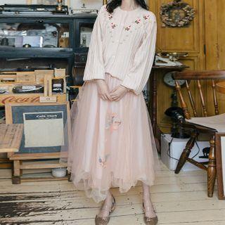 Set: Floral Embroidery Cardigan + Mesh Skirt