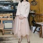 Set: Floral Embroidery Cardigan + Mesh Skirt
