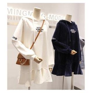 Lettering Embroidered Ruffle Hem Velvet Hoodie Dress