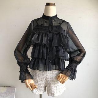 Bell-sleeve Beaded Chiffon Blouse Black - One Size