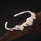 Flower Sterling Silver Open Bangle Sl0673 - 1pc - Silver & Gold & White - One Size