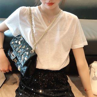 Set: V-neck Short-sleeve T-shirt + Sequined Mini A-line Skirt