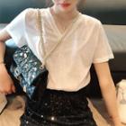 Set: V-neck Short-sleeve T-shirt + Sequined Mini A-line Skirt
