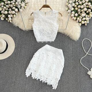 Set: Round Neck Crochet Tank Top + Eyelet Lace A-line Skirt