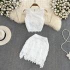 Set: Round Neck Crochet Tank Top + Eyelet Lace A-line Skirt