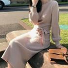 Long-sleeve Knit Tie-waist Midi A-line Dress