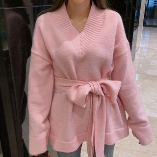V-neck A-line Knit Top With Sash