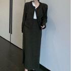 Round Neck Cropped Jacket / Slit Maxi Pencil Skirt