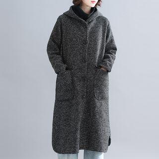 Single-breasted Hooded Ribbed Midi Coat Dark Gray - One Size