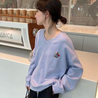 Cartoon Embroidered V-neck Sweatshirt