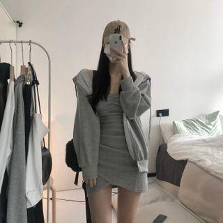 Spaghetti Strap Asymmetrical Mini Sheath Dress / Hooded Zip Jacket