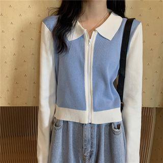 Long-sleeve Two-tone Slim-fit Zip Cardigan