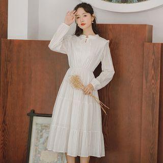 Plain Tie-neck Long-sleeve Dress