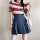 Short-sleeve Striped Knit Top / High-waist Plain Pleated Skirt