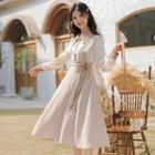 Set: Contrast Collar Blouse + Plaid Midi A-line Overall Dress