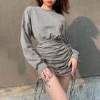 Long-sleeve Plain Drawstring Mini Dress