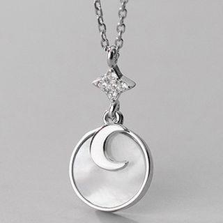 925 Sterling Silver Rhinestone Shell Moon & Star Pendant Necklace Silver - One Size