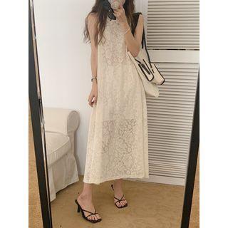 Sleeveless Lace Midi A-line Dress White - One Size