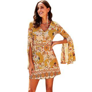 Bell-sleeve Mini Printed A-line Dress