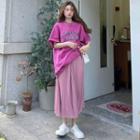 Set: Elbow-sleeve Print T-shirt + Accordion Pleat Midi A-line Skirt