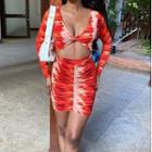 Long-sleeve Tie Dye V-neck Bodycon Dress