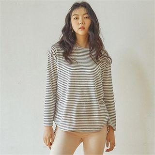 Cutout-hem Long-sleeve Linen Blend T-shirt