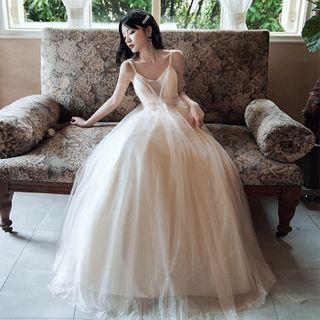Spaghetti-strap V-neck Mesh A-line Evening Gown