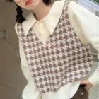 Mock Two-piece Houndstooth Knit Panel Blouse