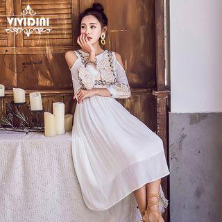 3/4-sleeve Cold Shoulder Embroidered A-line Midi Dress