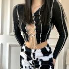 Long-sleeve Paneled Lace Up T-shirt