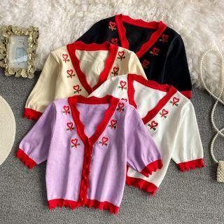 Short Sleeve Color Block Embroidered Cardigan