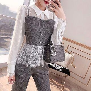 Set: Long-sleeve Plaid Blouse + Plaid Dress Pants